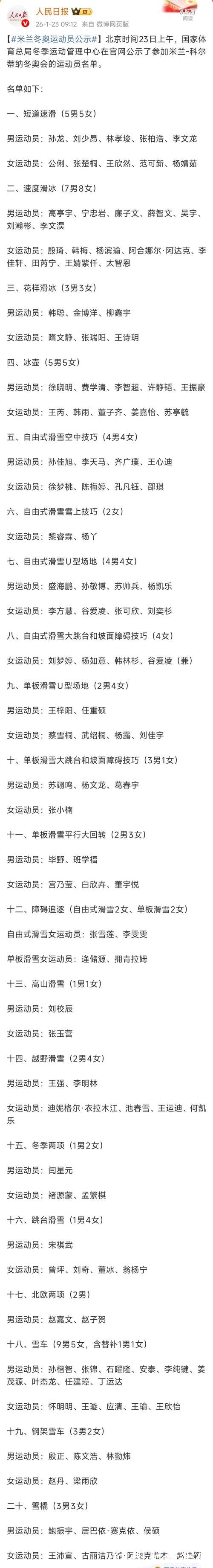 米兰冬奥会中国参赛运动员名单公示:谷爱凌、苏翊鸣等在列 米兰冬奥会中国参赛运动员名单公示:谷爱凌、苏翊鸣等在列